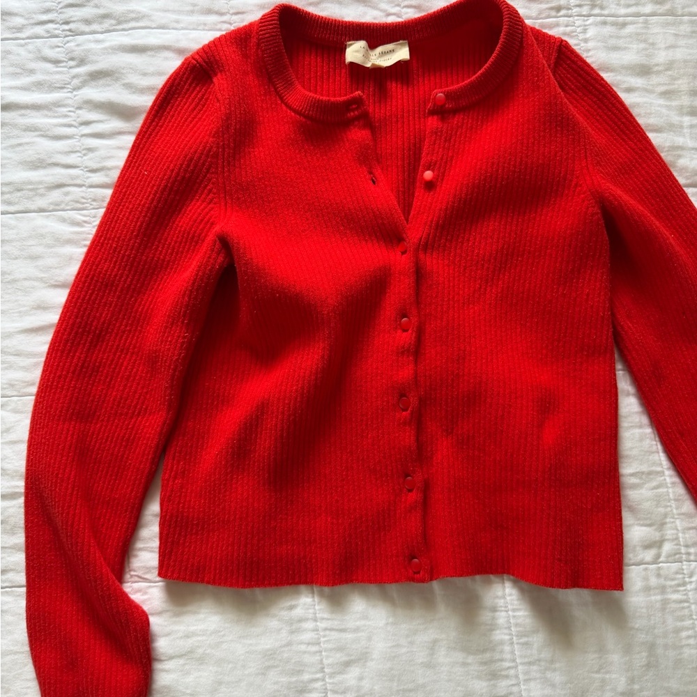 Sezane Red Ribbed Button-Up Cardigan